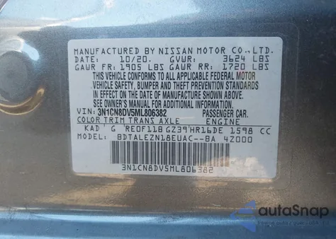 2021 Nissan Versa S Xtronic Cvt from USA, damaged, VIN 3N1CN8DV5ML806382